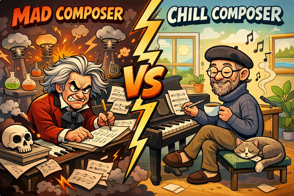 mad composers vs chill composer - funny cartoon