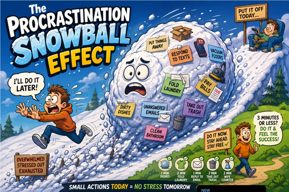 Procrastination snowball effect cartoon