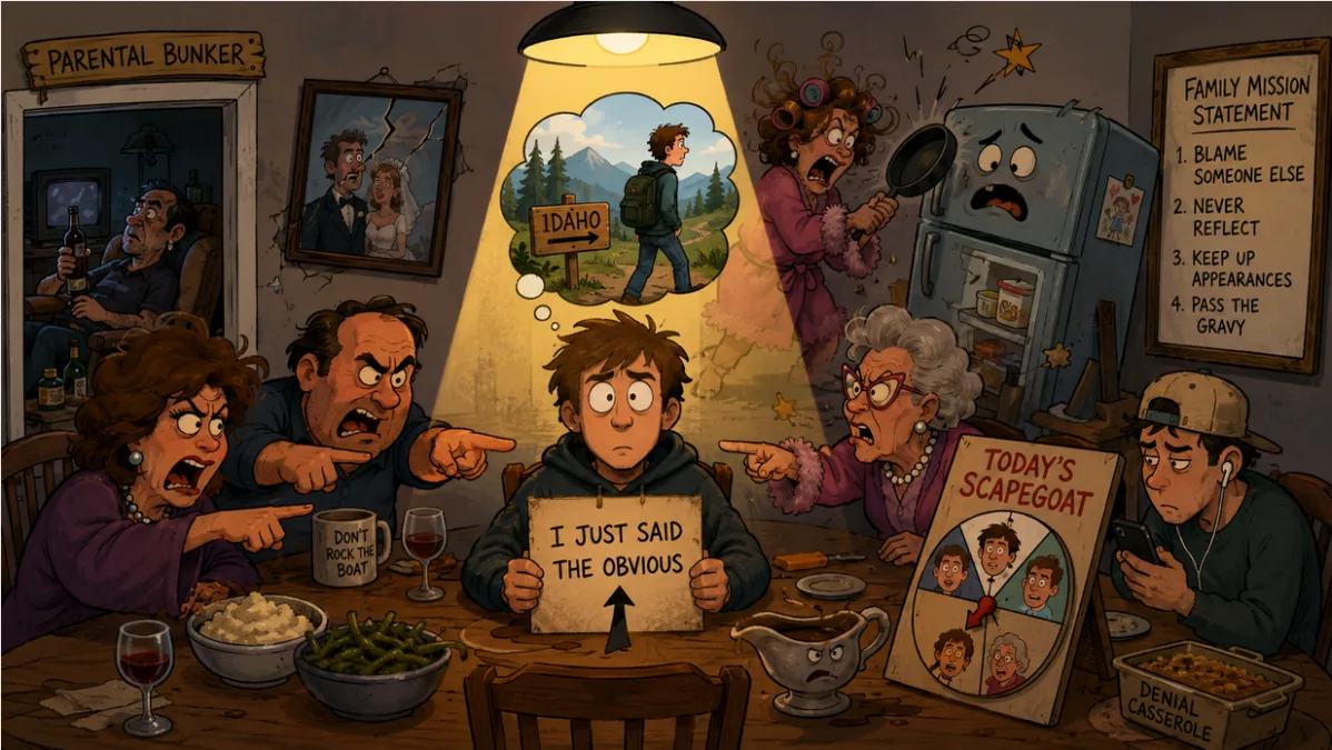 Dysfunctional family scape goat narrative cartoon