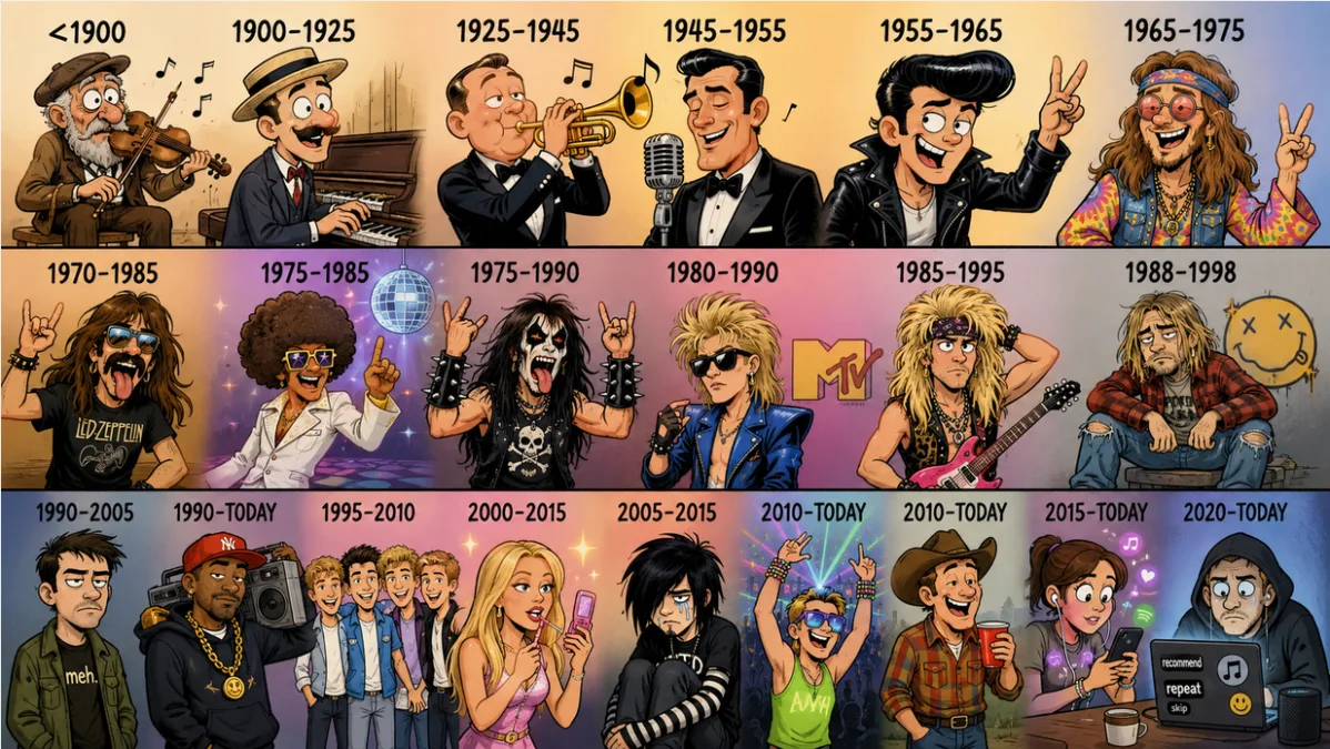 Pop music fans timeline funny cartoon