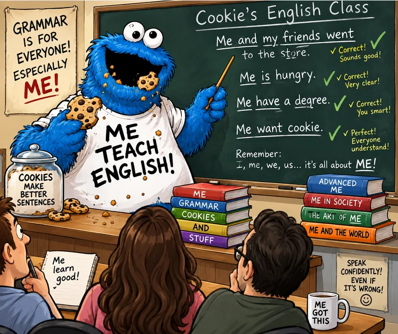 Cookie monster teaching english bad grammar